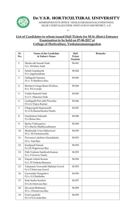 List of Candidates to Whom Issued Hall Tickets for M.Sc (Hort.) Entrance Examination to Be Held on 07-08-2017 at College of Horticulture, Venkataramannagudem