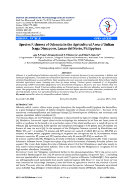 Species Richness of Odonata in the Agricultural Area of Sultan Naga Dimaporo, Lanao Del Norte, Philippines