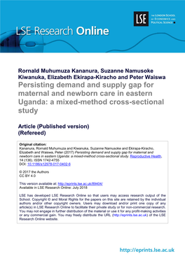 Persisting Demand and Supply Gap for Maternal and Newborn Care in Eastern Uganda: a Mixed-Method Cross-Sectional Study