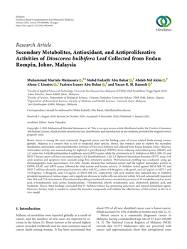 Secondary Metabolites, Antioxidant, and Antiproliferative Activities of Dioscorea Bulbifera Leaf Collected from Endau Rompin, Johor, Malaysia