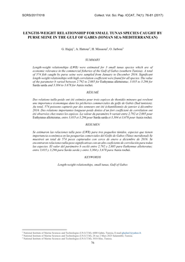 Length-Weight Relationship for Small Tunas Species Caught by Purse Seine in the Gulf of Gabes (Ionian Sea-Mediterranean)