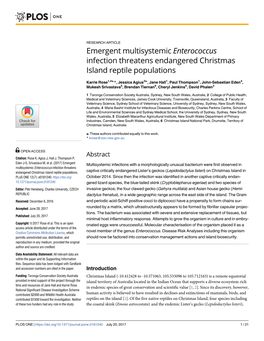 Emergent Multisystemic Enterococcus Infection Threatens Endangered Christmas Island Reptile Populations