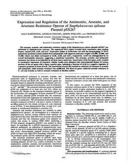 Expression and Regulation of the Antimonite, Arsenite, and Arsenate Resistance Operon of Staphylococcus Xylosus Plasmid Psx267