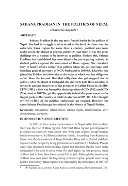 SAHANA PRADHAN in the POLITICS of NEPAL Dhakaram Sapkota* ABSTRACT Sahana Pradhan Is the Top Most Female Leader in the Politics of Nepal