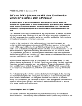 St1´S and SOK´S Joint Venture NEB Plans 50-Million-Litre Cellunolix® Bioethanol Plant in Pietarsaari