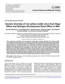 Genetic Diversity of Rice Yellow Mottle Virus from Niger Office and Selingue Development Rural Office in Mali