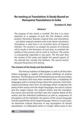 Re-Texting As Translation: a Study Based on Ramayanatranslations In