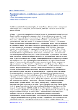 Paraná Lidera Adesões Ao Sistema De Segurança Alimentar E Nutricional Agricultura Enviado Por: Rosemeirytardivo@Secs.Pr.Gov.Br Postado Em:21/07/2020 10:43