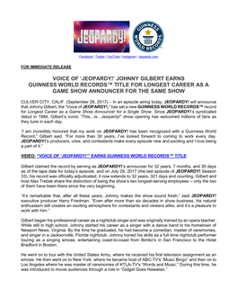 Johnny Gilbert Earns Guinness World Records™ Title for Longest Career As a Game Show Announcer for the Same Show