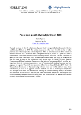 Poesi Som Poetik I Lyrikutgivningen 2008