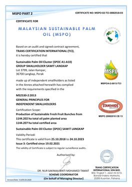 Mspo Part 2 Certificate No: Mspo-02-Tci-0082018-03