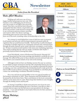 Newsletter Board Members January 2021 Edition Officers Letter from the President Ite President Chuck Maynard