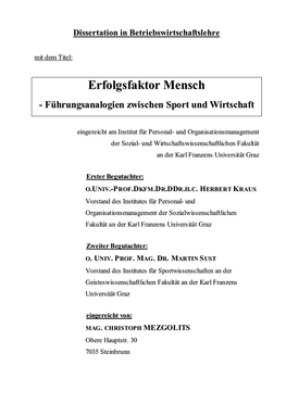 Erfolgsfaktor Mensch - Führungsanalogien Zwischen Sport Und Wirtschaft