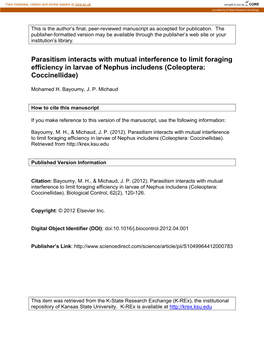 Parasitism Interacts with Mutual Interference to Limit Foraging Efficiency in Larvae of Nephus Includens (Coleoptera: Coccinellidae)