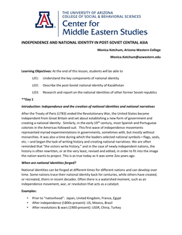 INDEPENDENCE and NATIONAL IDENTITY in POST-SOVIET CENTRAL ASIA Monica Ketchum, Arizona Western College Monica.Ketchum@Azwestern.Edu