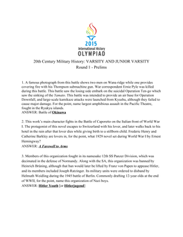 20Th Century Military History: VARSITY and JUNIOR VARSITY Round 1 ­ Prelims