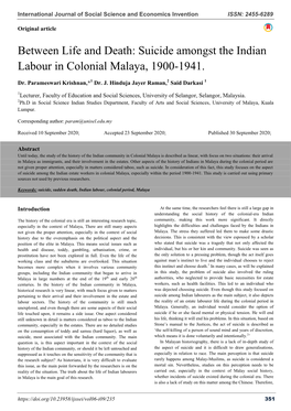 Suicide Amongst the Indian Labour in Colonial Malaya, 1900-1941