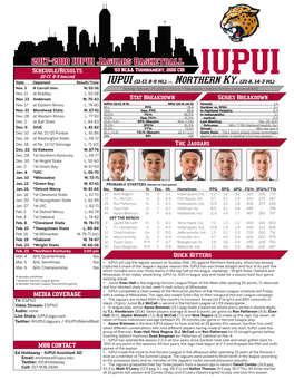 2017-2018 IUPUI Jaguars Basketball Schedule/Results ‘03 NCAA Tournament, 2010 CBI (11-17, 8-9 Horizon) Date Opponent Result/Time IUPUI (11-17, 8-9 HL) Vs