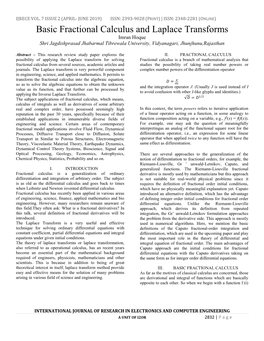 Basic Fractional Calculus and Laplace Transforms Imran Hoque Shri Jagdishprasad Jhabarmal Tibrewala University, Vidyanagari, Jhunjhunu,Rajasthan