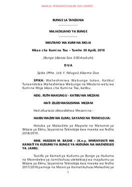 1 BUNGE LA TANZANIA ___MAJADILIANO YA BUNGE ___MKUTANO WA KUMI NA MOJA Kikao Cha Kumi Na Tisa – Tarehe 30 A