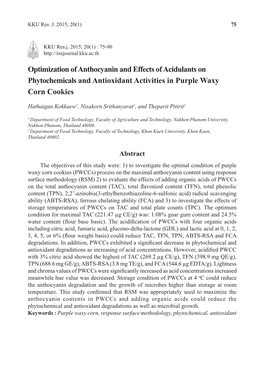Optimization of Anthocyanin and Effects of Acidulants on Phytochemicals and Antioxidant Activities in Purple Waxy Corn Cookies