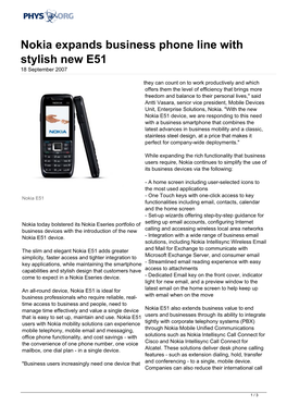 Nokia Expands Business Phone Line with Stylish New E51 18 September 2007