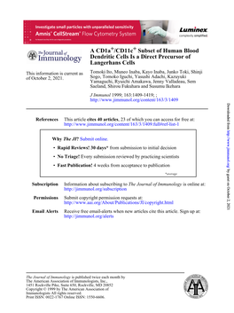 Langerhans Cells Dendritic Cells Is a Direct Precursor of Subset of Human Blood + /Cd11c + a Cd1a