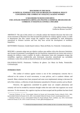 249 Machismo in the Dock a Critical Feminist Analysis of Brazilian Criminal Policy Concerning the Combat of Violence Against