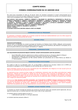 Conseil Communautaire Du 25 Janvier 2018