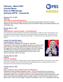 February - March 2021 Country Music Only on PBS Kansas (Formerly KPTS – Channel 8)