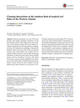 Cleaning Interactions at the Southern Limit of Tropical Reef Fishes in the Western Atlantic