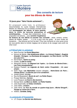 Des Conseils De Lecture Pour Les Élèves De 4Ème