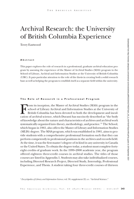 Archival Research: the University of British Columbia Experience
