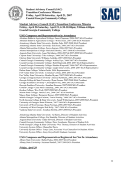 Student Advisory Council (SAC) Transition Conference Minutes Friday, April 20-Saturday, April 21, 2007 Coastal Georgia Community College