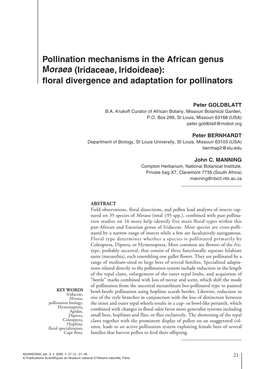 Pollination Mechanisms in the African Genus Moraea (Iridaceae,Iridoideae): Floral Divergence and Adaptation for Pollinators