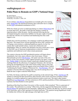 Palin Plans to Remain on GOP's National Stage Page 1 of 3