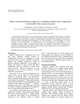 Heavy Metal Enrichment in Seagrasses of Andaman Islands and Its Implication to the Health of the Coastal Ecosystem