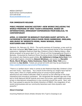 For Immediate Release Pebcc Present Making History—New Works Including the World Premiere of Eric Tuan's Crossings, Based On