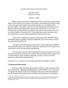 Somalia: Intervention in Internal Conflict1 David D. Laitin Stanford