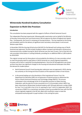 Winterstoke Hundred Academy Consultation Expansion to Multi-Site Provision