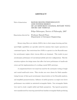 ABSTRACT ROTOR HOVER PERFORMANCE and SYSTEM DESIGN of an EFFICIENT COAXIAL ROTARY WING MICRO AIR VEHICLE Felipe Bohorquez, Docto