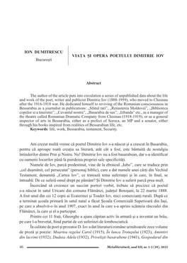 ION DUMITRESCU Bucureşti Viaţa ŞI OPERA POETULUI DIMITRIE IOV