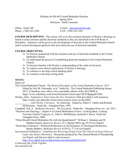 Syllabus for DS 665 United Methodist Doctrine Spring 2016 Instructor: Sarah Lancaster