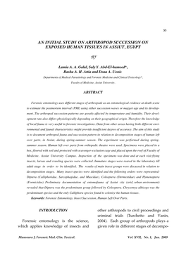 An Initial Study on Arthropod Succession on Exposed Human Tissues in Assiut, Egypt