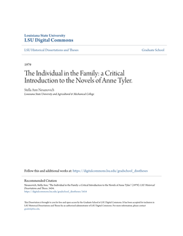A Critical Introduction to the Novels of Anne Tyler. Stella Ann Nesanovich Louisiana State University and Agricultural & Mechanical College