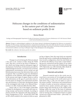 Holocene Changes in the Conditions of Sedimentation in the Eastern Part of Lake Jamno Based on Sediment Profile JS-64