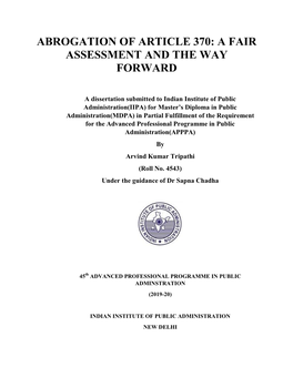 Abrogation of Article 370: a Fair Assessment and the Way Forward