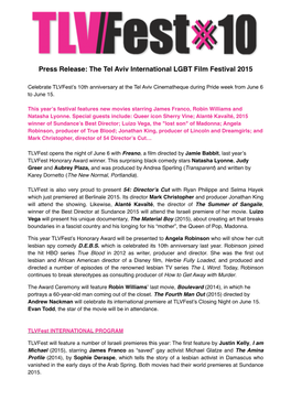 Press Release: the Tel Aviv International LGBT Film Festival 2015