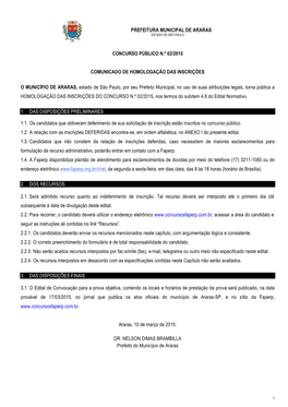 Prefeitura Municipal De Araras Concurso Público N.º 02/2015 Comunicado De Homologação Das Inscrições O Município De Arara