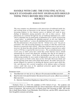 Handle with Care: the Evolving Actual Malice Standard and Why Journalists Should Think Twice Before Relying on Internet Sources